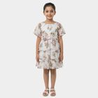 Girls White Round Neck Floral Layered Dress, सफ़ेद, small