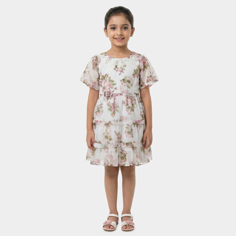 Girls White Round Neck Floral Layered Dress, सफ़ेद, large
