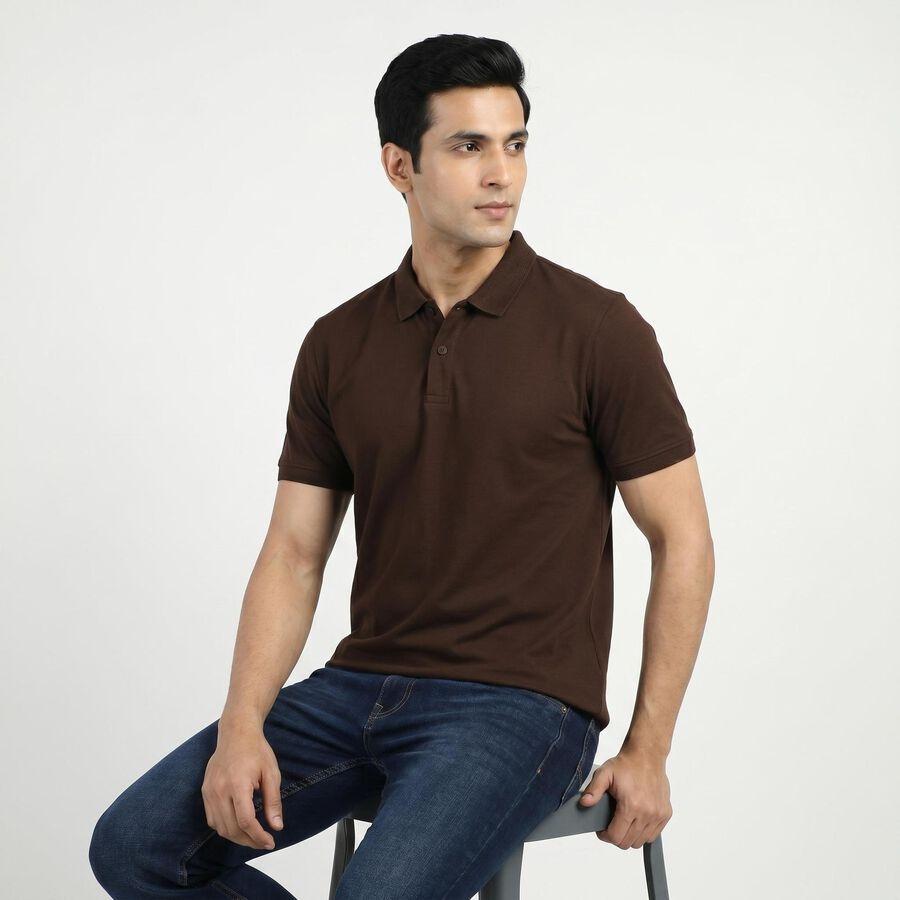 Men's Brown Cotton Polo Neck Preppy T-Shirt, Brown, large