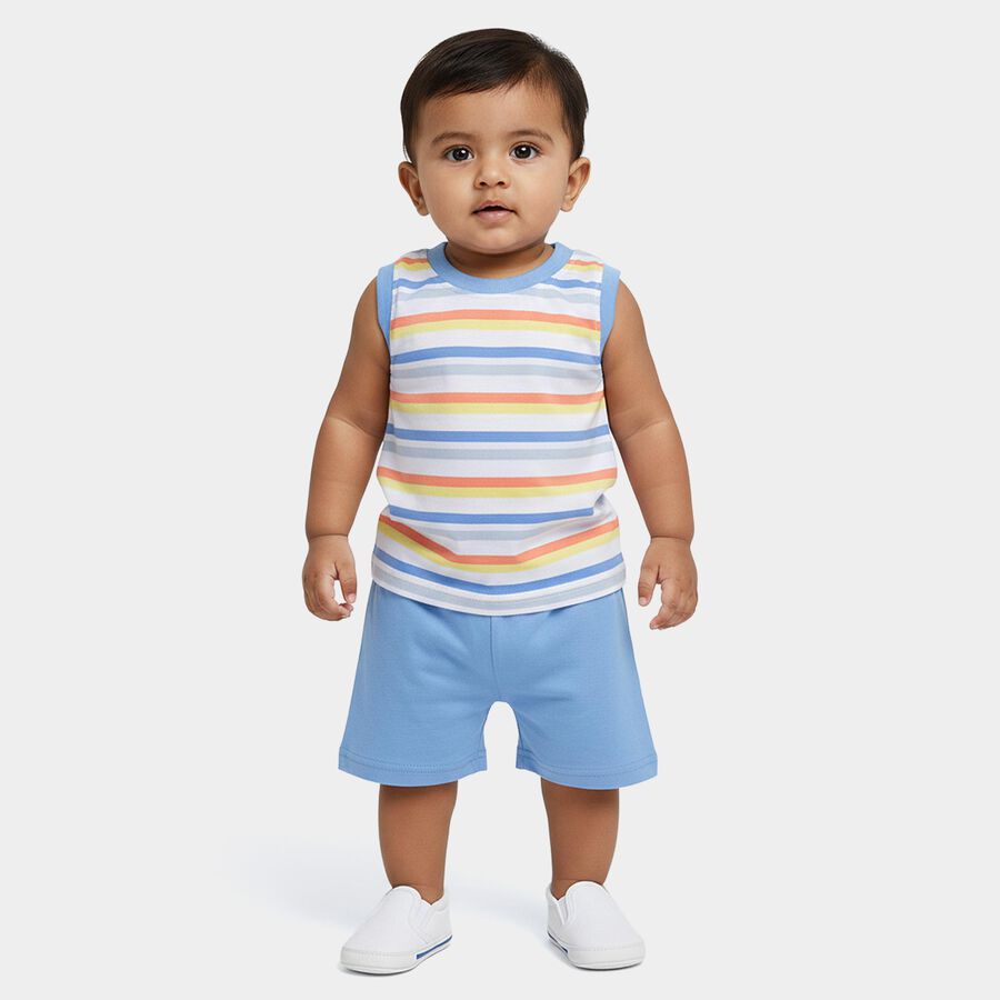 Infants' Blue 100% Cotton Round Neck Striped Baba Suit, Mid Blue, large