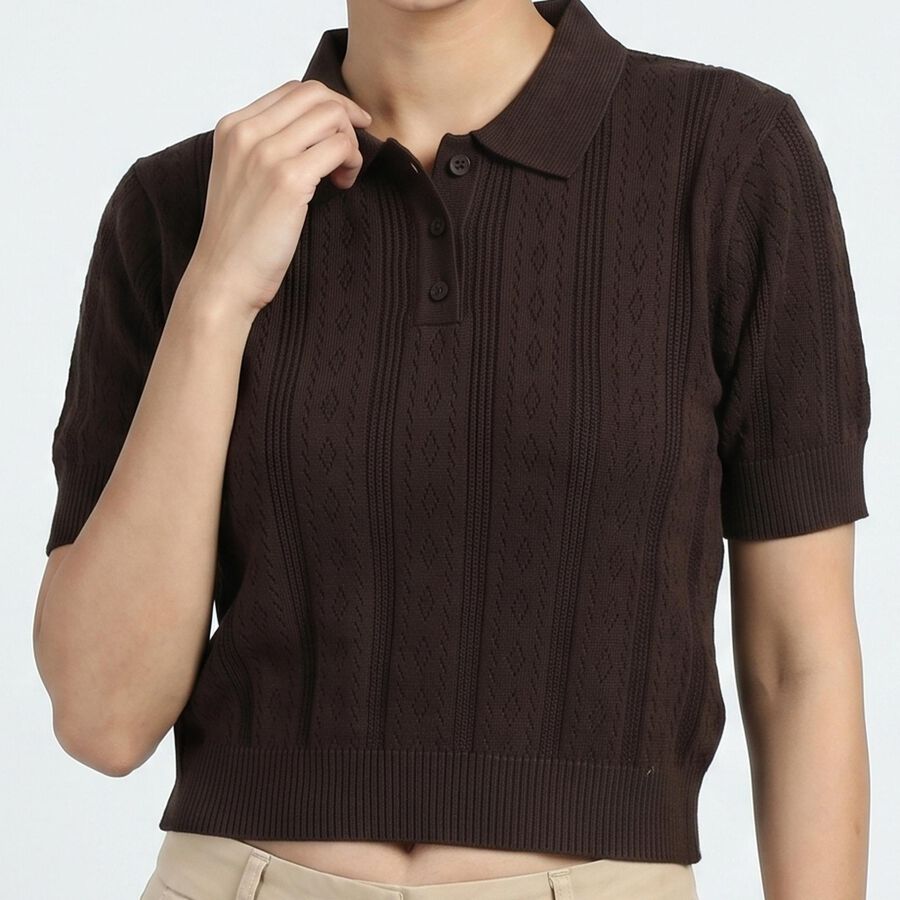 Women's Brown Cotton Top, भूरा, large
