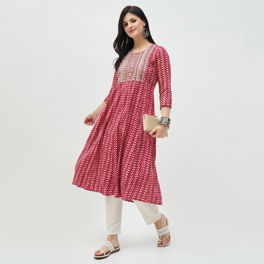 Women's Burgundy Round Neck Embroidered Kurta, Wine, large