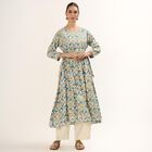 Women's Muted Teal and Beige Round Neck Floral Printed Kurta, Teal Blue, small image number null