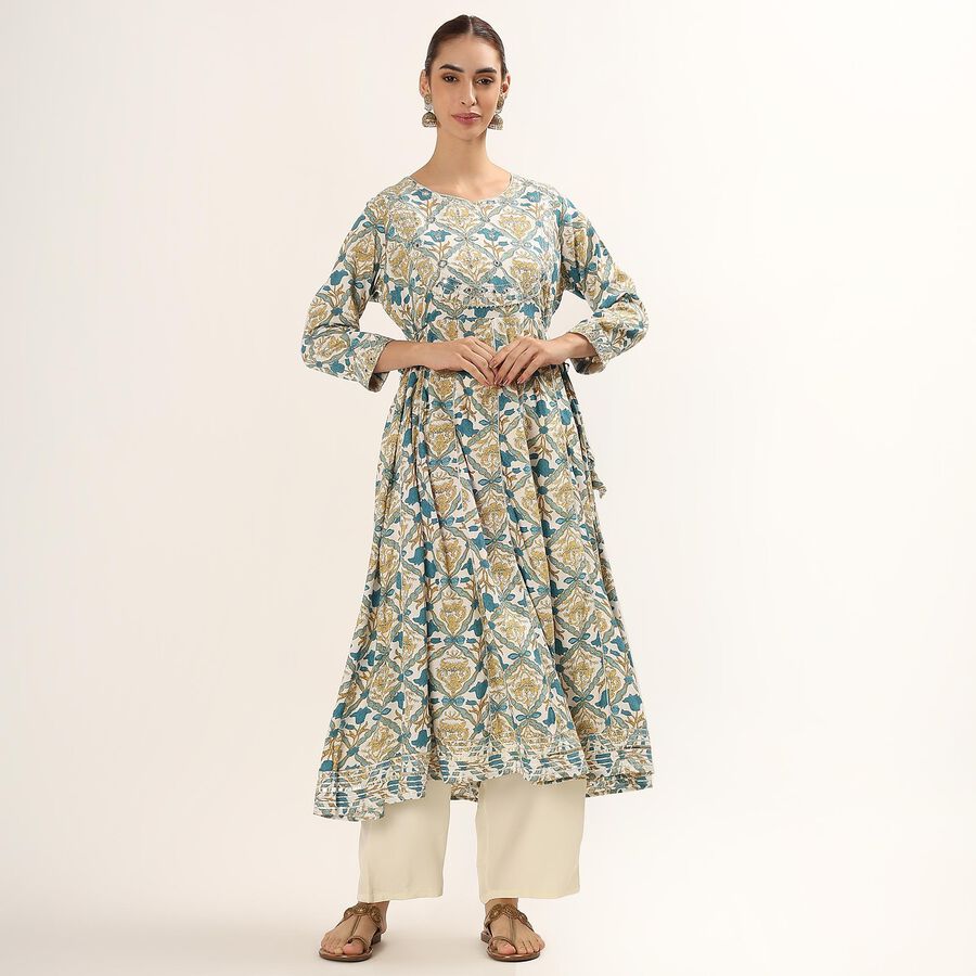 Women's Muted Teal and Beige Round Neck Floral Printed Kurta, Teal Blue, large image number null