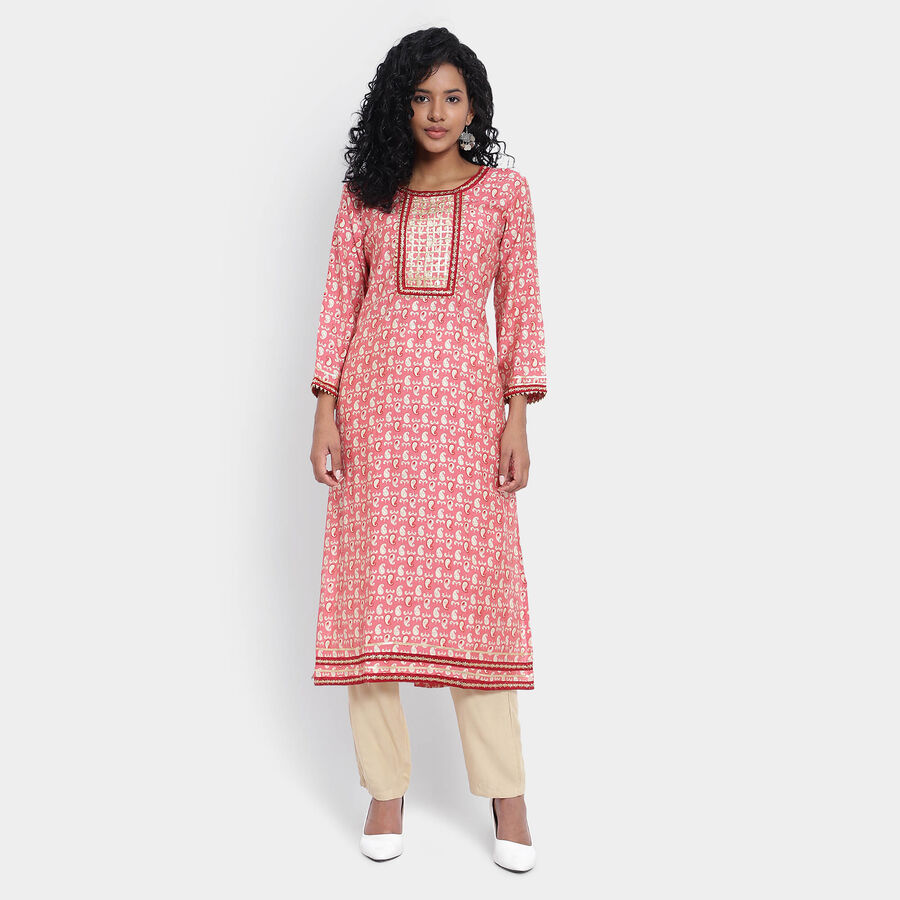 All Over Print 3/4th Sleeves Flared Kurta, Coral, large image number null