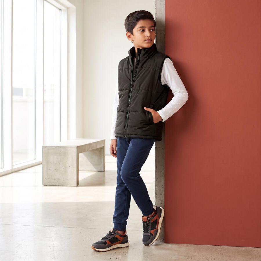 Boys Black Stand Collar Puffer Jacket, Black, large