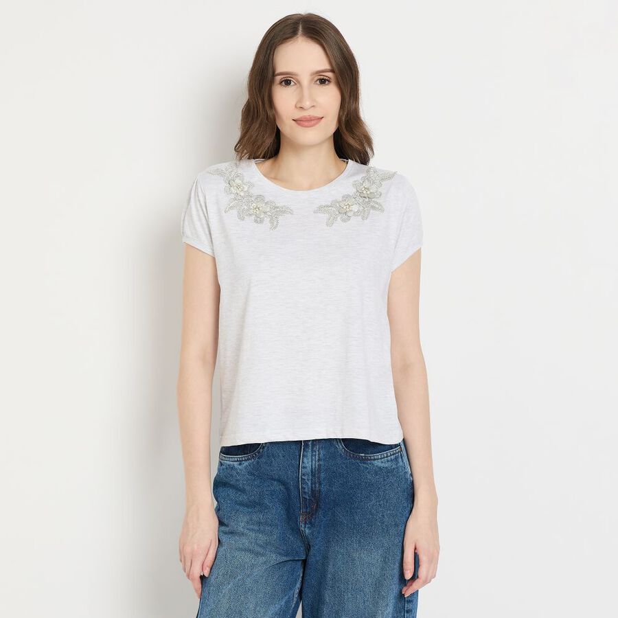 Ladies' Round Neck T-Shirt, मिश्रित हल्का ग्रे, large image number null