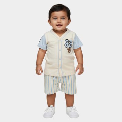 Infants' Beige Cotton V-Neck Embroidered Baba Suit