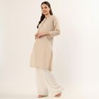 Women's Beige 100% Cotton Notch Neck Printed Straight Kurta, Beige, small