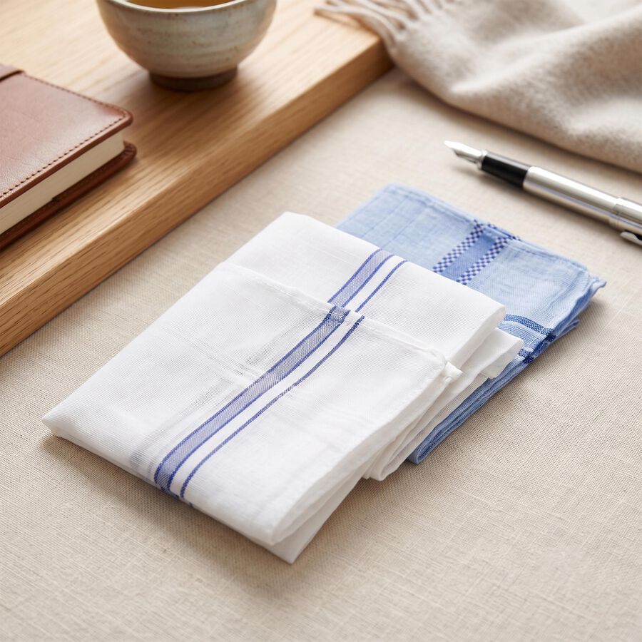 Men's Light Blue Checked Pack of 3 Handkerchief, Mid Blue, large