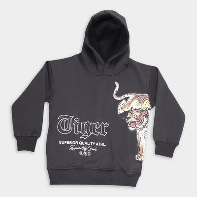 Boys Charcoal Black Hooded Neck Graphic Sweatshirt