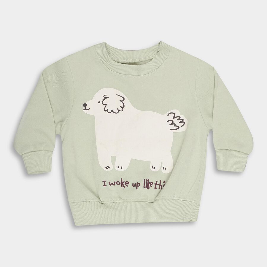 Infants Light Sage Green Crew Neck Graphic Sweatshirt, हल्का हरा, large image number null
