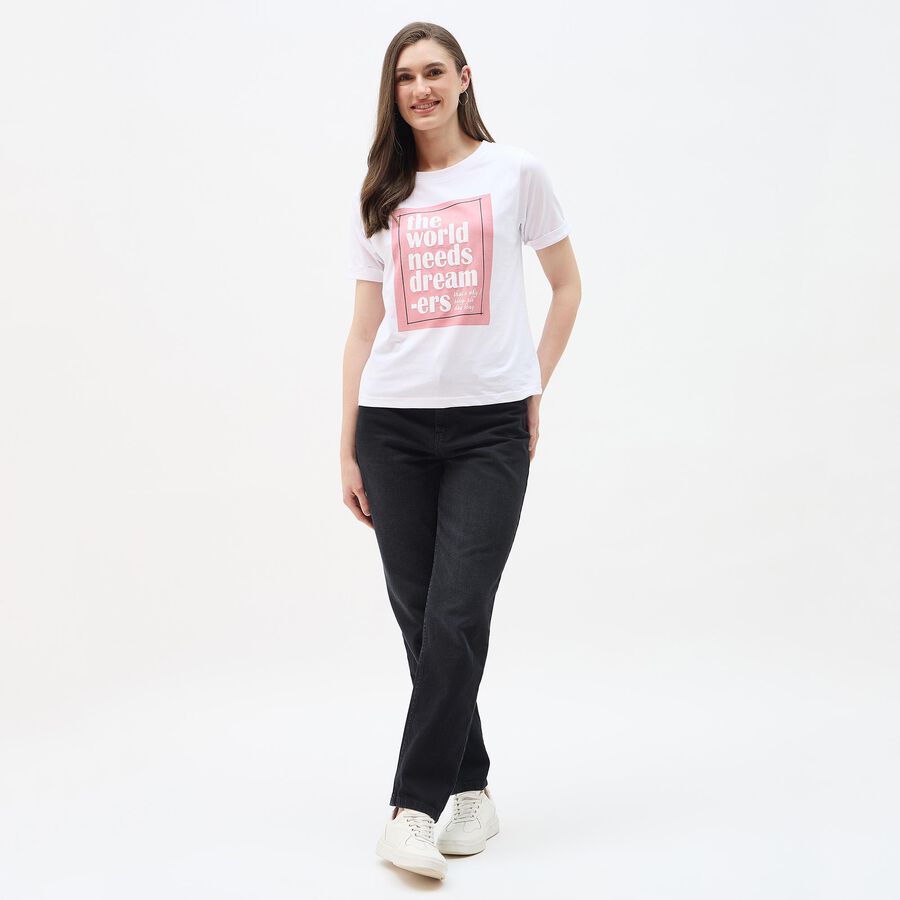 Women's White Round Neck Casual T-Shirt, सफ़ेद, large