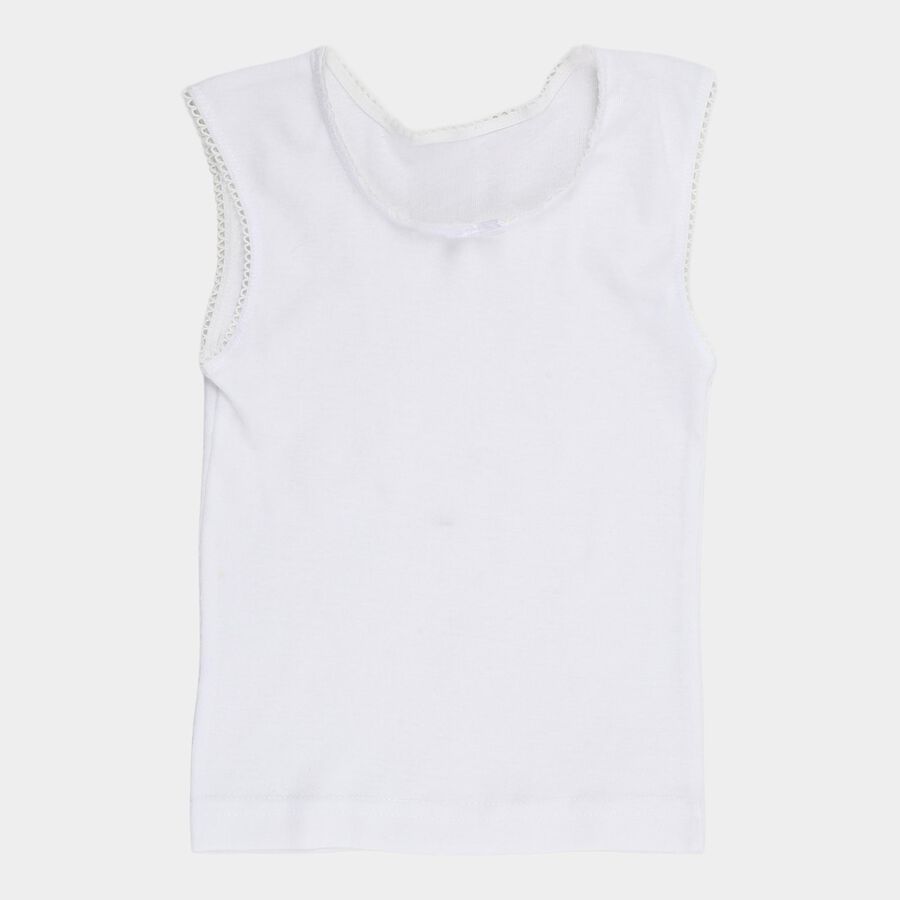 Girls' White Cotton Round Neck Classic Vest, सफ़ेद, large