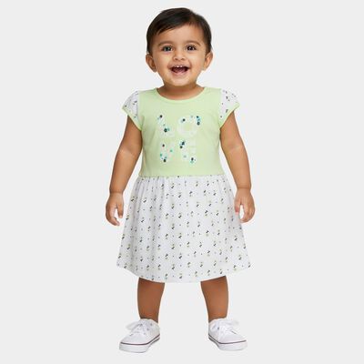 Infants' Light Green and White Floral Printed Cotton Casual Frock