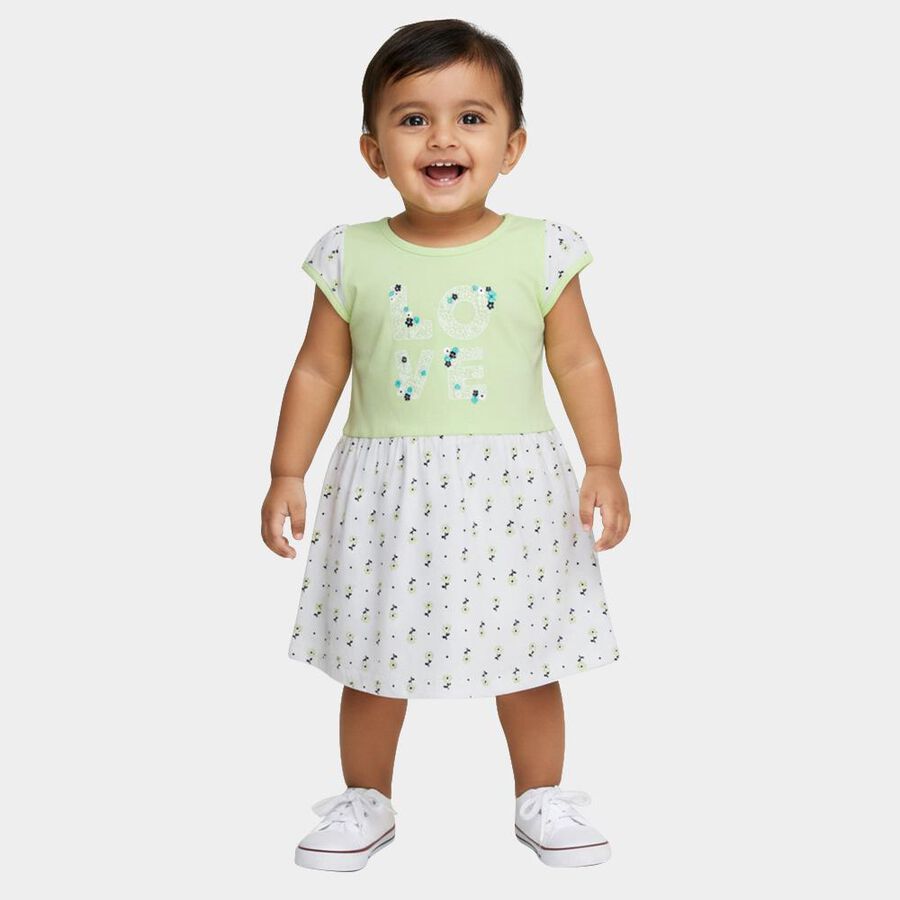 Infants' Light Green and White Floral Printed Cotton Casual Frock, Light Green, large image number null