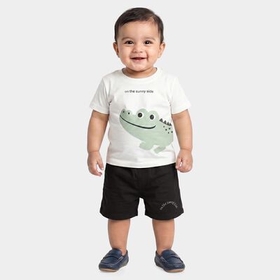 Infants' Beige 100% Cotton Collar Graphic Print Baba Suit