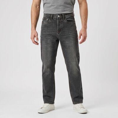 Men's Dark Grey Straight Fit Washed Jeans