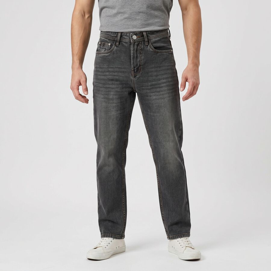 Men's Dark Grey Straight Fit Washed Jeans, Dark Grey, large