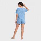 Women's Blue Round Neck Printed Night Suit, मध्यम नीला, small