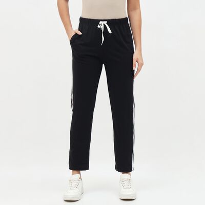 Women's Jet Black Straight-Leg Side-Striped Track Pants