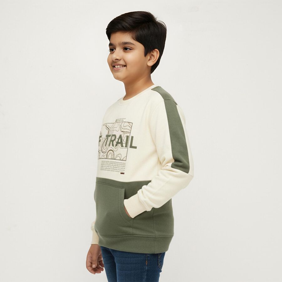 Boys Olive Green and Cream Crew Neck Casual Sweatshirt, ओलिव, large image number null
