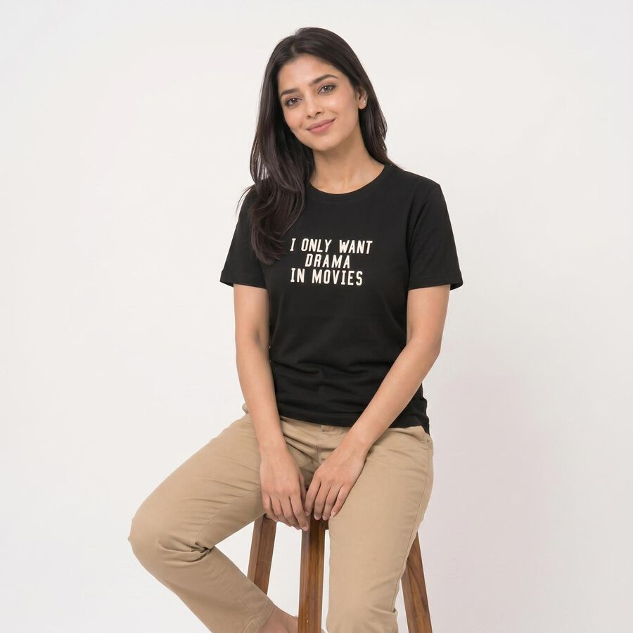 Women's Black Round Neck Regular T-Shirt, Black, large