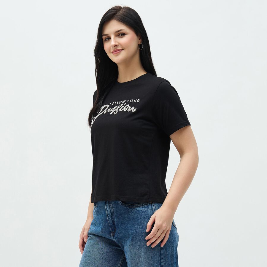 Women's Jet Black Cotton Round Neck Casual T-Shirt, काला, large