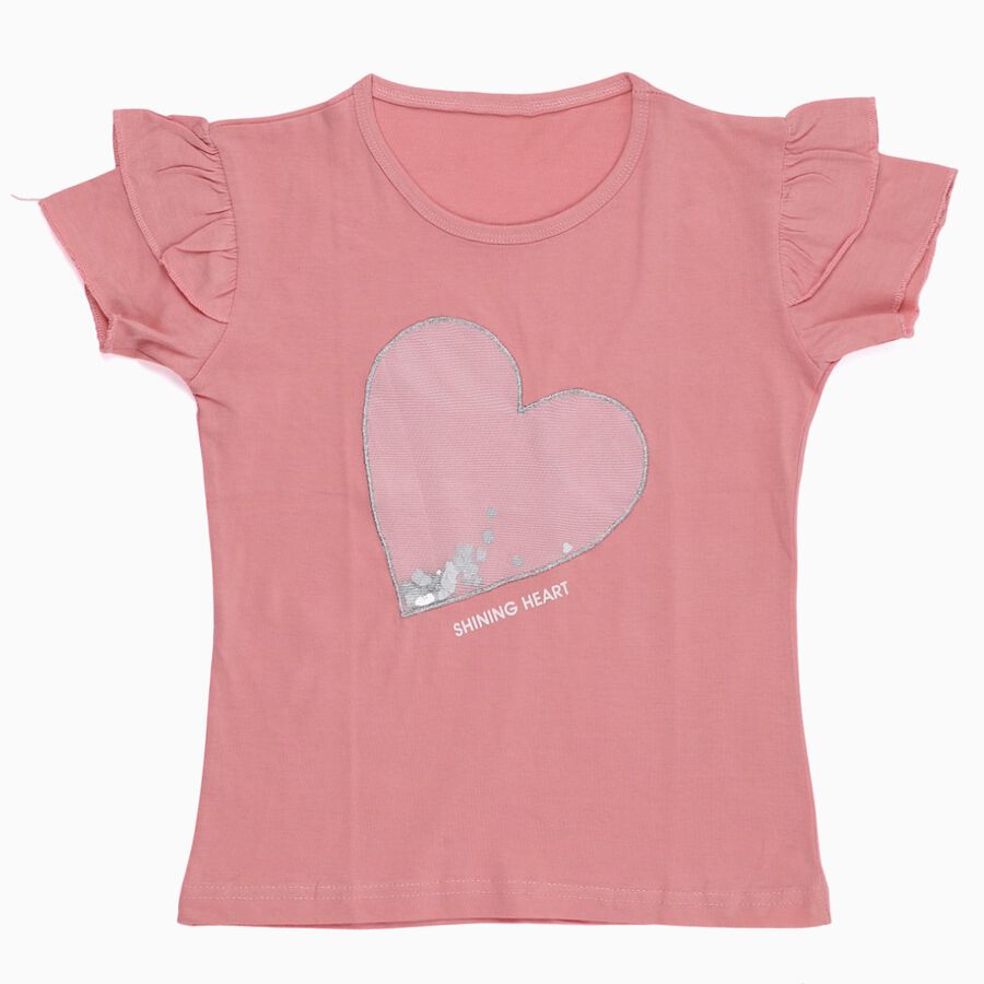 Girls Light Pink Cotton Round Neck Casual T-Shirt, हल्का गुलाबी, large image number null