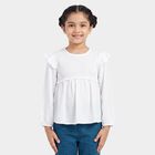 Girls' White Round Neck Regular Top, सफ़ेद, small