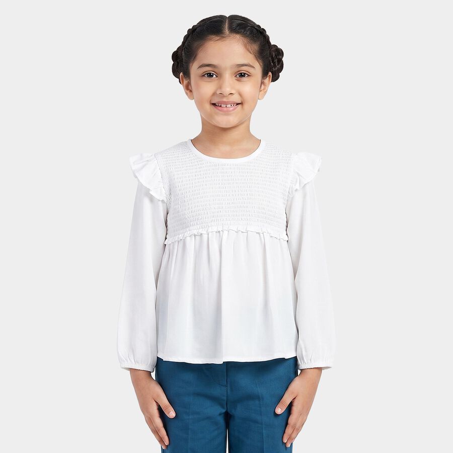 Girls' White Round Neck Regular Top, सफ़ेद, large