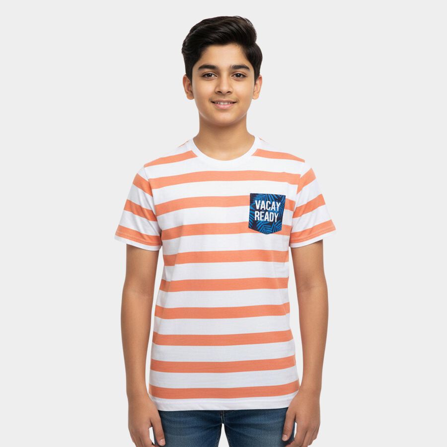 Boys' Peach Cotton Round Neck Graphic Printed T-Shirt, पीच, large