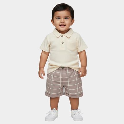 Infants' Beige Cotton Polo Neck Textured Baba Suit