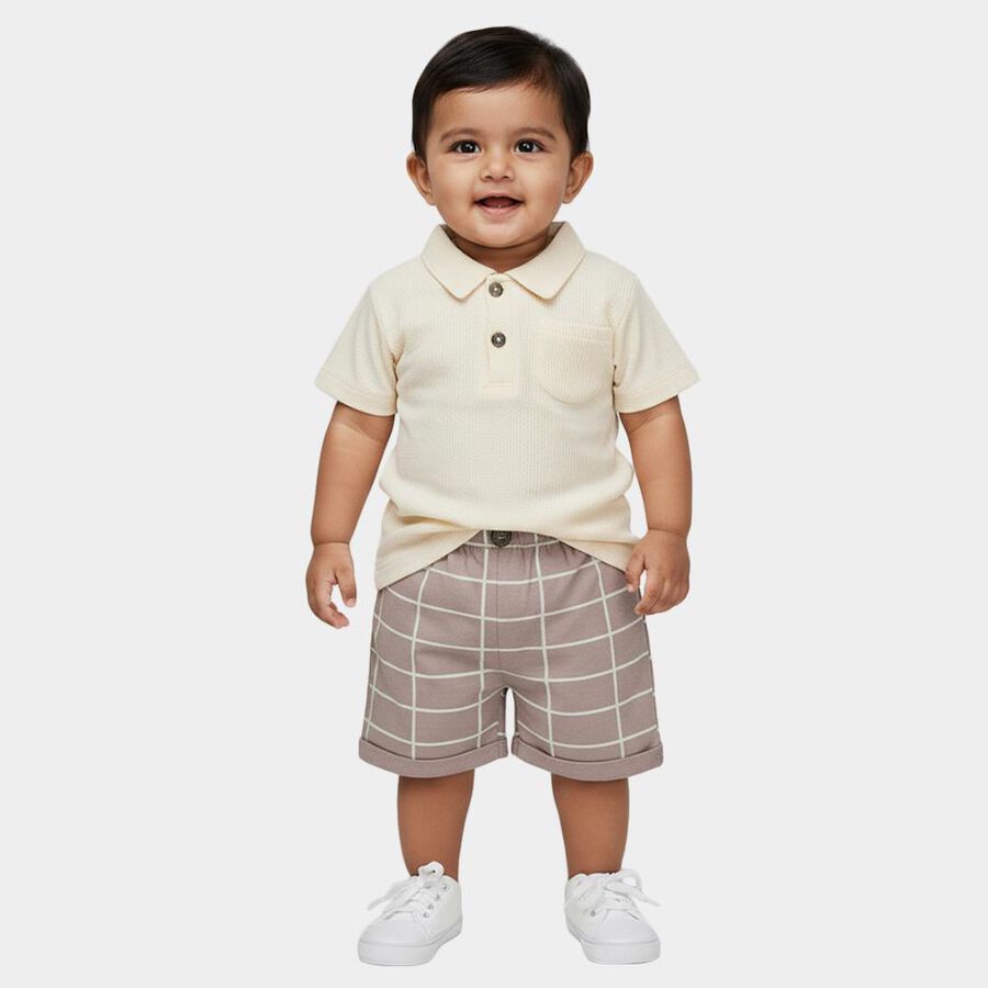 Infants' Beige Cotton Polo Neck Textured Baba Suit, गहरा पीला, large