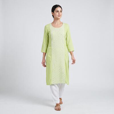 Women's Mint Green Round Neck Printed Straight Kurta