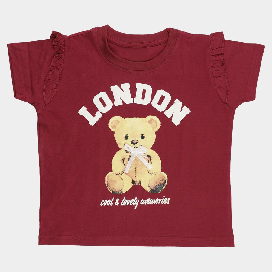 Girls' Maroon Cotton Round Neck Casual T-Shirt, वाइन, large