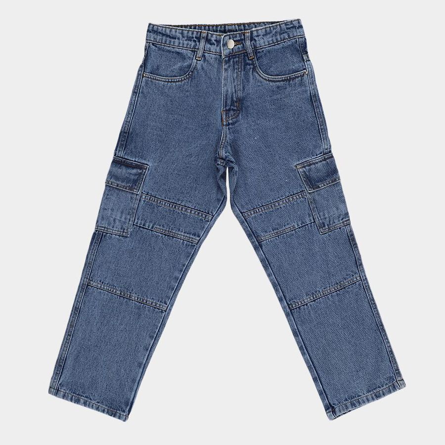 Boys' Medium Blue Relaxed Fit Cargo Jeans, मध्यम नीला, large image number null