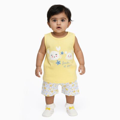 Infants' Light Yellow Cotton Sleeveless Top and Floral Shorts Set