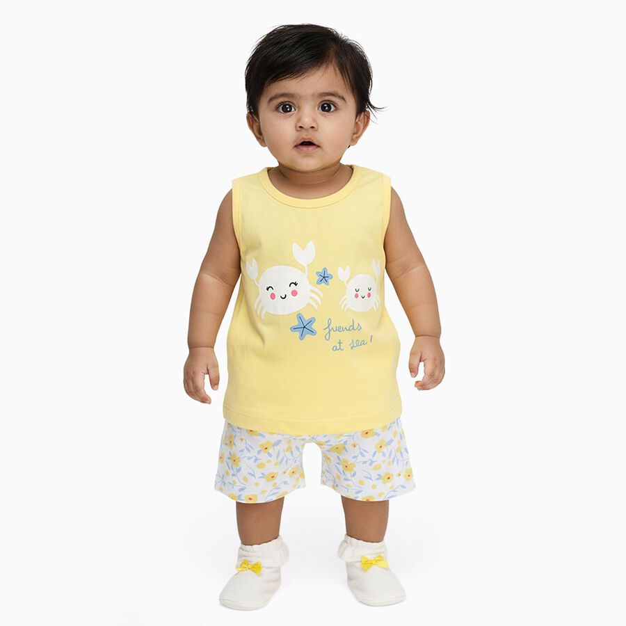 Infants' Light Yellow Cotton Sleeveless Top and Floral Shorts Set, Yellow, large image number null