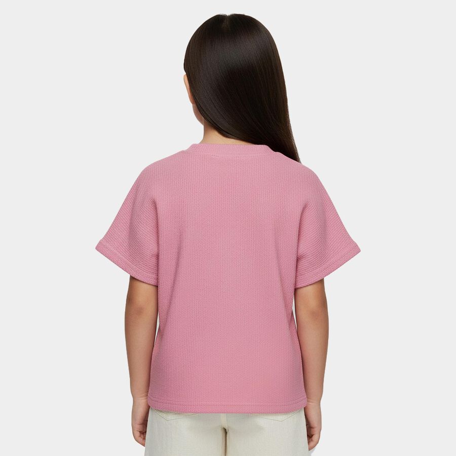 Girls Pink Round Neck Casual T-Shirt, Pink, large