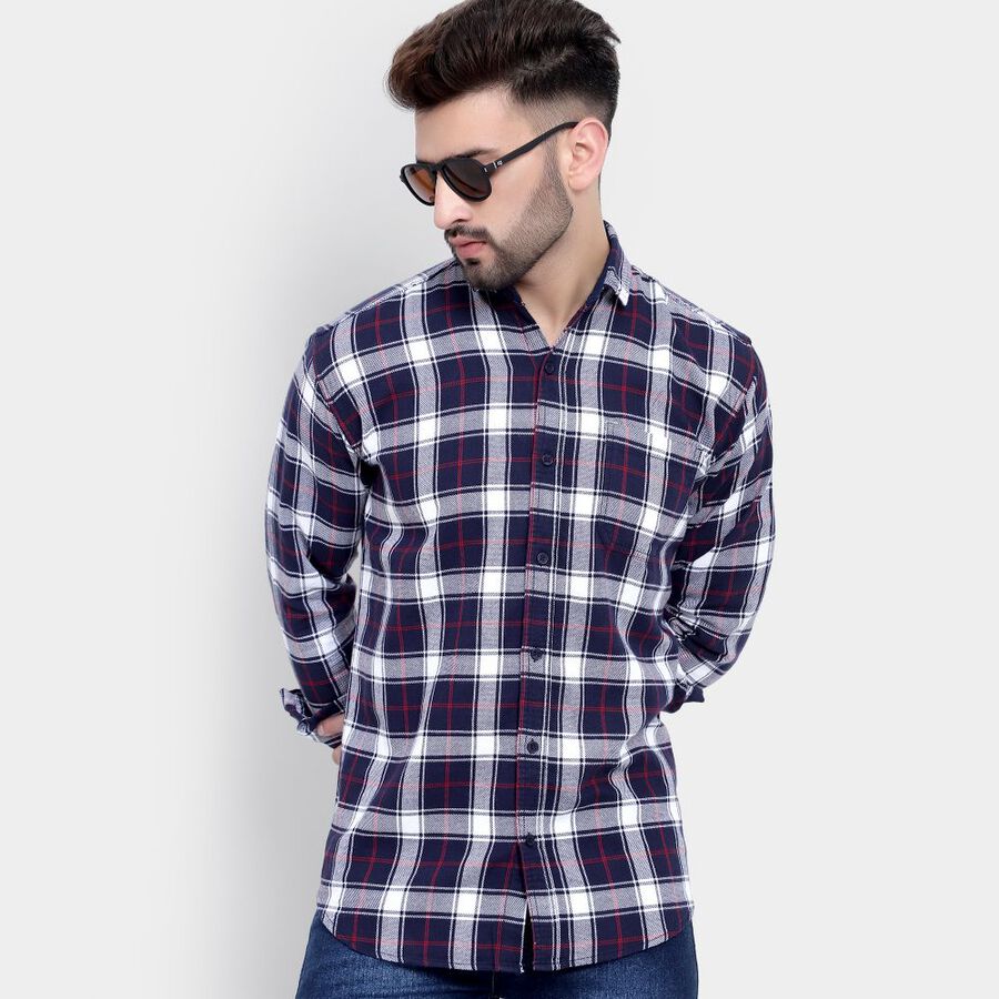 Cotton Checks Casual Shirt, Navy Blue, large image number null