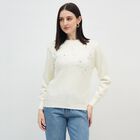 Women's Rich Eggshell White Crew Neck Casual Pullover, ऑफ व्हाइट, small image number null