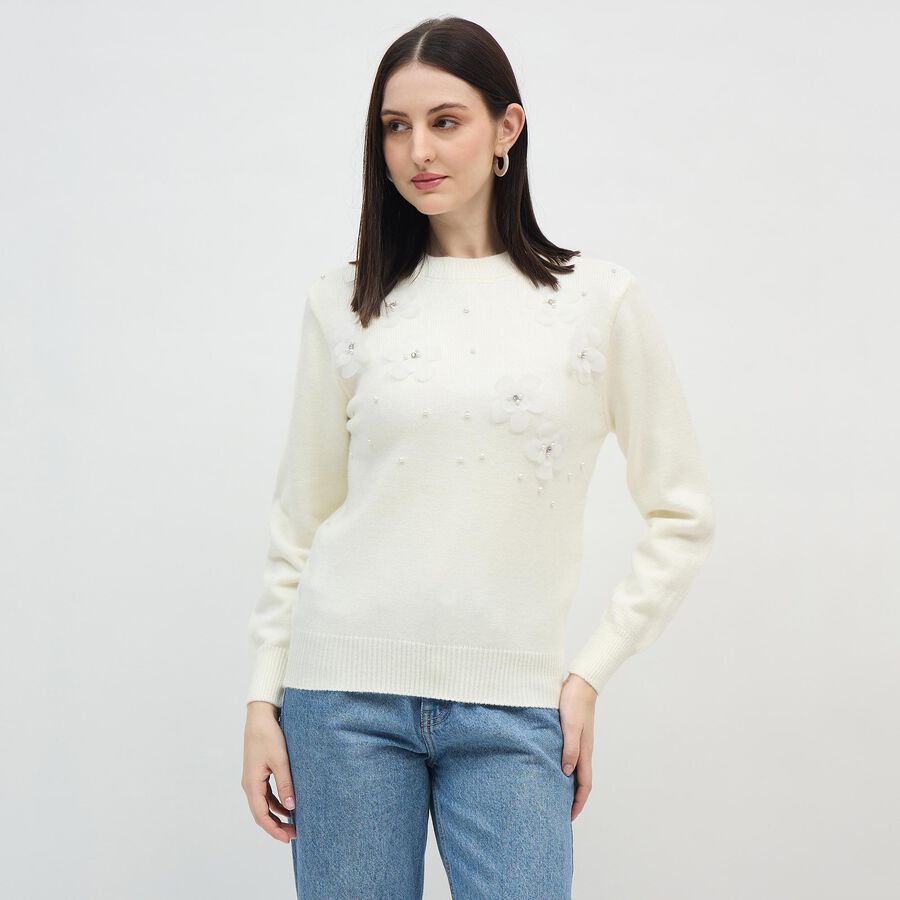 Women's Rich Eggshell White Crew Neck Casual Pullover, ऑफ व्हाइट, large image number null
