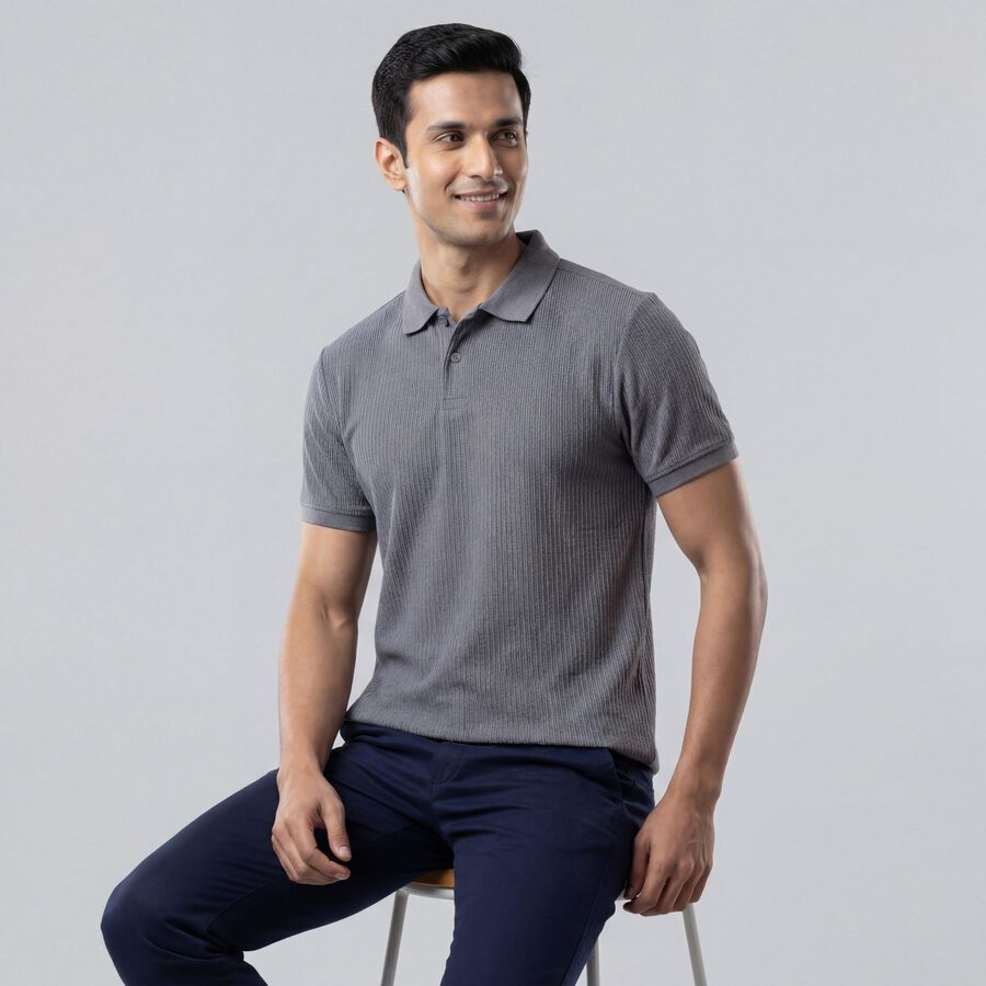 Men's Blue Polo Neck Textured T-Shirt, Mid Blue, large