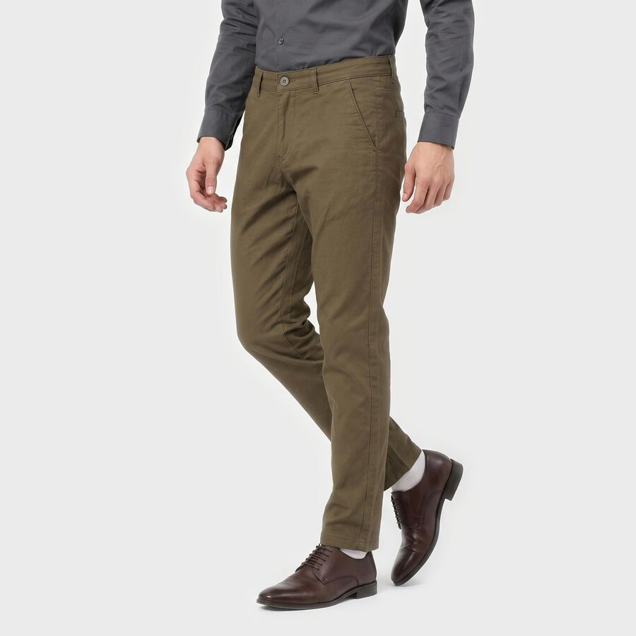 Men's Olive Green Slim Fit Flat-Front Chino Trousers, ओलिव, large