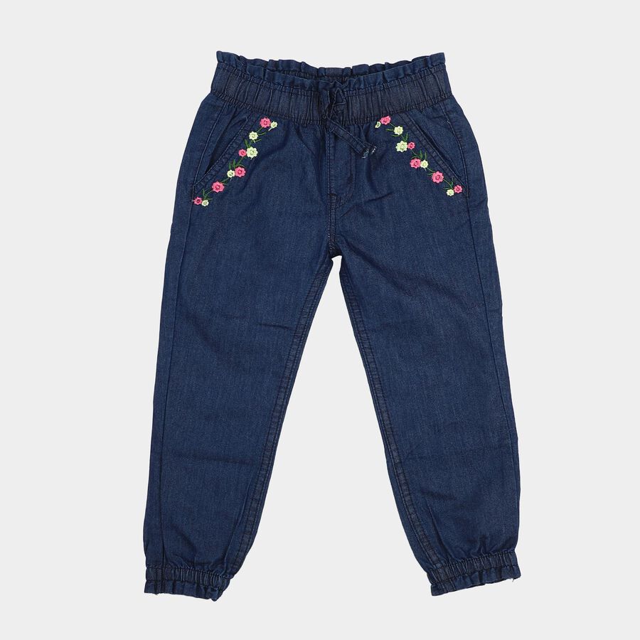 Girls Navy Blue Jogger Fit Embroidered Jeans, Dark Blue, large