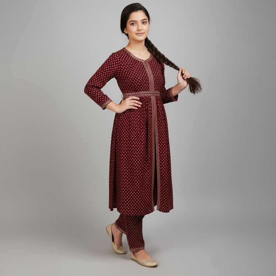 Girls' Deep Maroon Printed Fusion Set, मरून, large image number null