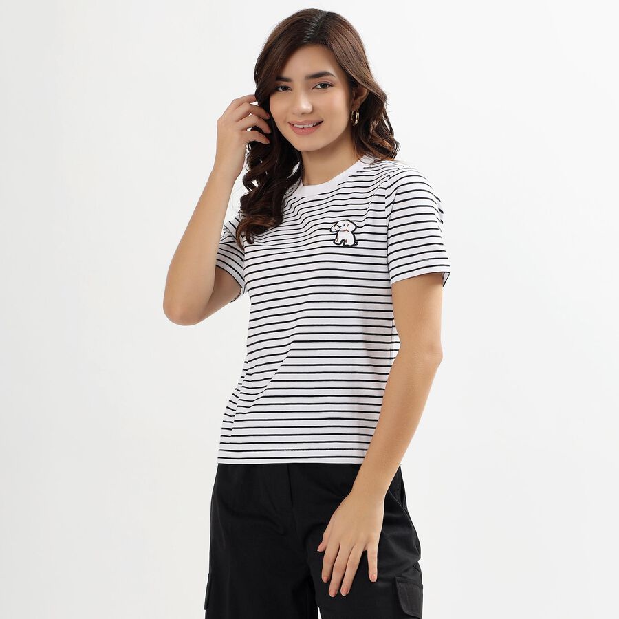 Ladies' Eggshell White Cotton Round Neck Striped T-Shirt, सफ़ेद, large image number null