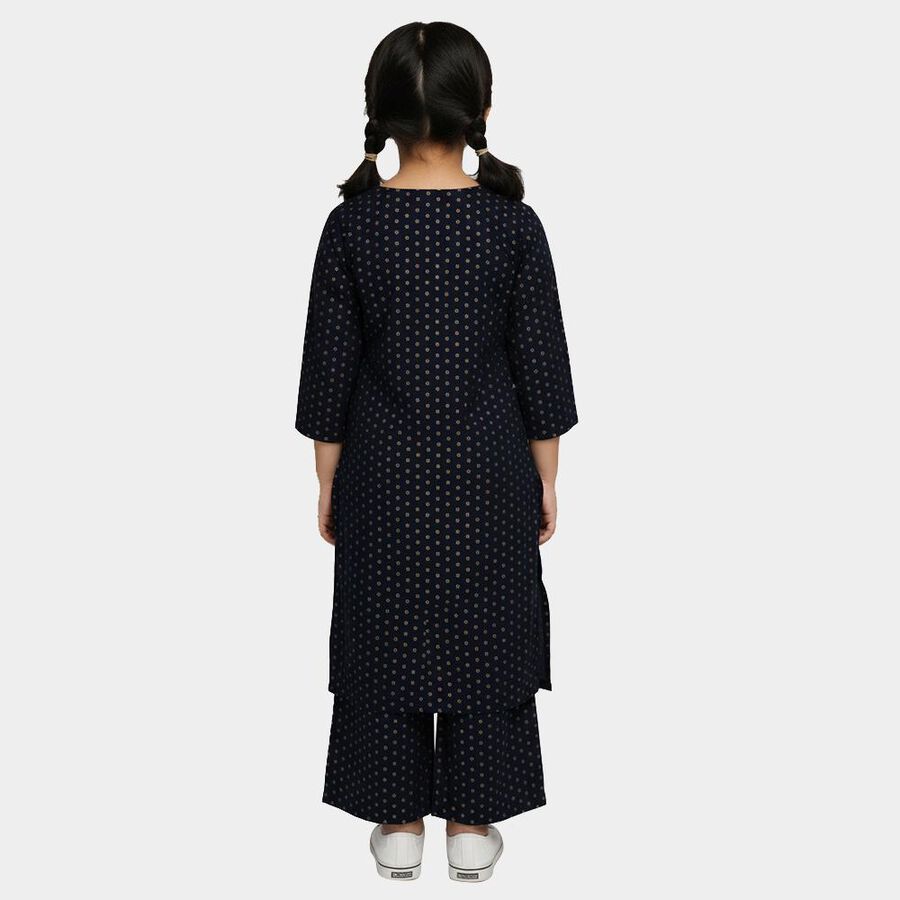 Girls Navy Blue Round Neck Embroidered Kurta and Palazzo Fusion Set, नेवी ब्लू, large