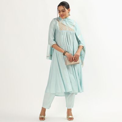 Women's Light Powder Blue Embroidered Ethnic Set